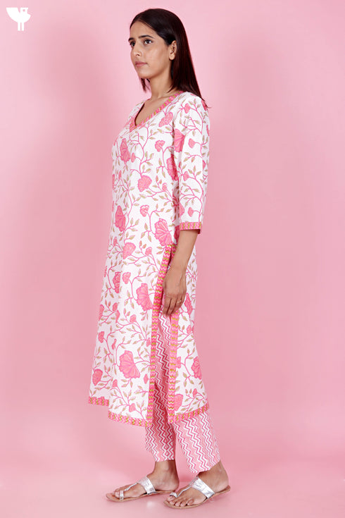 Cotton Kurta Pant Set With Kota Dupatta In Block Print